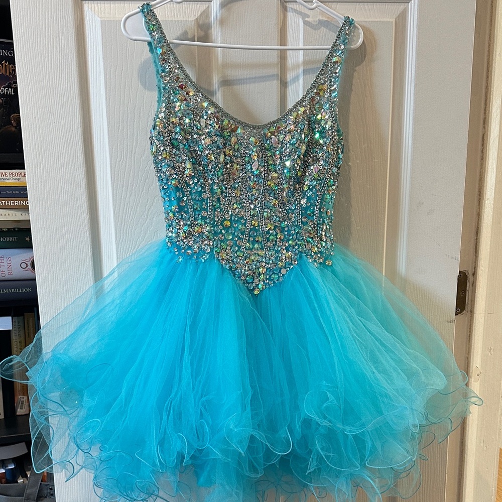 Sparkling Rhinestone Beaded Blue Tulle Homecoming Prom Eras Tour Dress